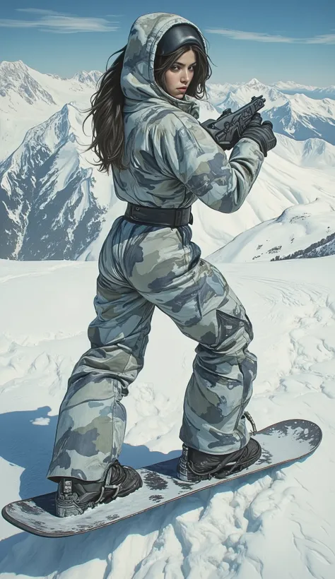 Full body, unique beauty, amazing snow camouflage full body suit with black stripes, view from back snowboarding down hill on an alpine mountain, action pointing a weapon, a true villain for James Bond, watercolor or oil painting poster pin-up art nouveau ...