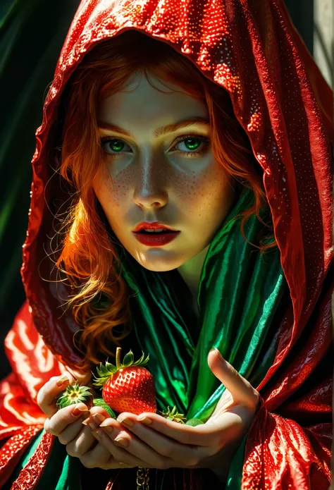 In the massive, wrinkled palm of a colossal humanoid hand, a tiny young woman with fiery golden-red hair and an emerald-green hooded robe sits huddled in fear. The giant's fingers cast enormous shadows over her and the small plate of glistening red strawbe...