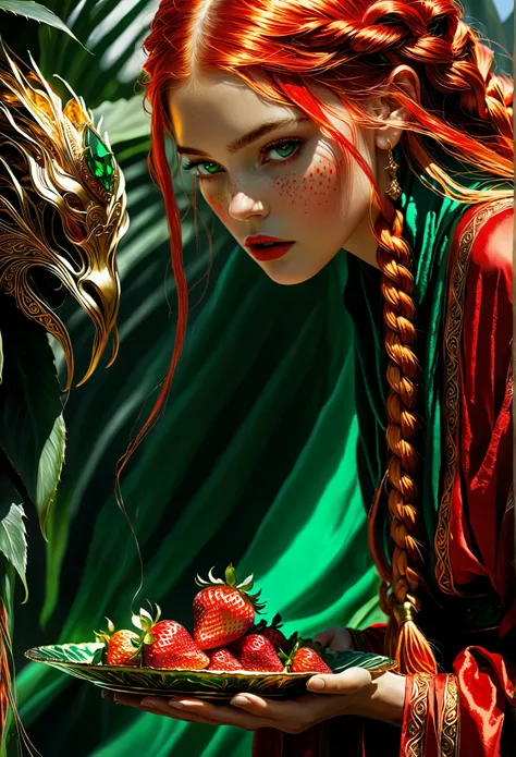 A young woman, small enough to fit in the palm of a giant, with fiery golden-red braids and an emerald robe, cowers within the vast expanse of a colossal humanoid hand. Her eyes are wide with fear as she glances up at the unseen giant. In the giant's palm,...