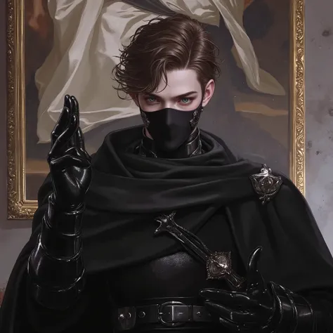 male antagonist cute evil cyber samurai knight , short brown hair , , rising hand in divine gesture , oni half face mouth mask , flaming blue eyes ,The Evil Monk
The cloisters old, expounded on their walls
With paintings, the Beatic Verity,
The which—adorn...