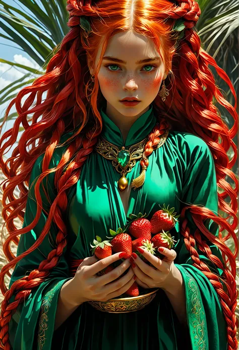 A young woman, small enough to fit in the palm of a giant, with fiery golden-red braids and an emerald robe, cowers within the vast expanse of a colossal humanoid hand. Her eyes are wide with fear as she glances up at the unseen giant. In the giant's palm,...