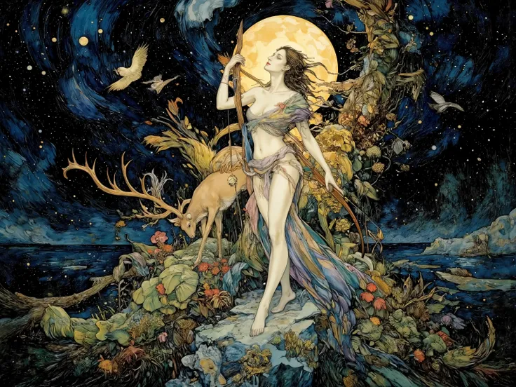 1 woman,artemis,standing,holding bow,with deer,beautiful moon goddess,looking up,deep forest,plants,river,at night,moonlight,starry sky,beautiful detailed,Anatomically correct,High Definition,high detail,aman0ayam1