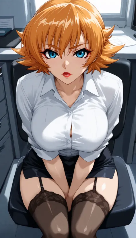  ((red makeup)), red lips,  1 girl,igawa sakura, office clothes, black mini skirt, white shirt, black stockings,