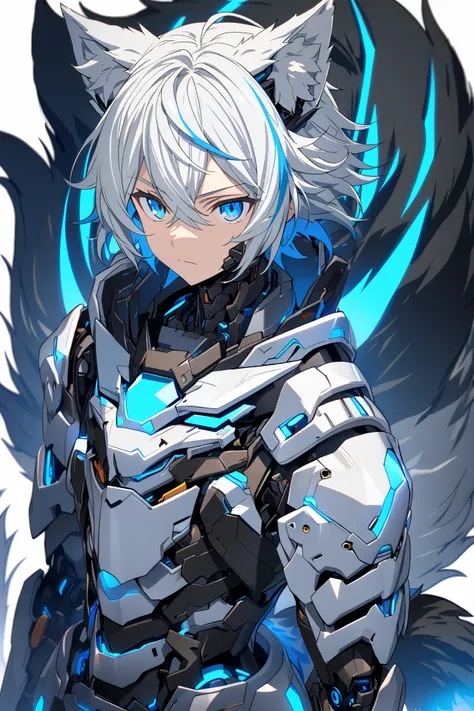 [(WHITE BACKGROUND:1.5),::5], ((masterpiece)), high quality, ultra very high resolution, full color, ((solo)), ((younger boy)), Black cyborg armor, Wolf ear,  (Wolf armor), ((Wolf mechanical tail)), ((men's White hair)), (Blue streaked hair), (SkyBlue eyes...