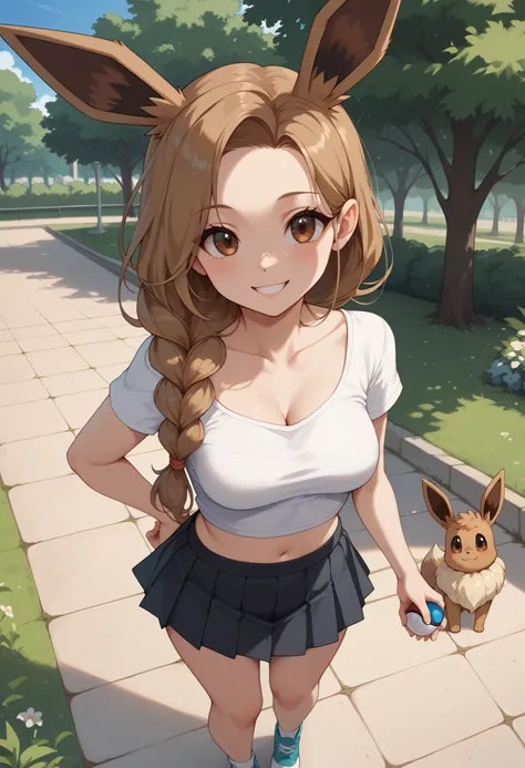 (Masterpiece) (High Detail) (High Res) A full body shot of A very short, cute and petite Human female with pale human skin and brown eyes and long brown braided hair and fluffy brown pointed Eevee ears and a long fluffy brown Eevee tail with a light tip an...