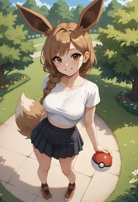 (Masterpiece) (High Detail) (High Res) A full body shot of A very short, cute and petite Human female with pale human skin and brown eyes and long brown braided hair and fluffy brown pointed Eevee ears and a long fluffy brown Eevee tail with a light tip an...
