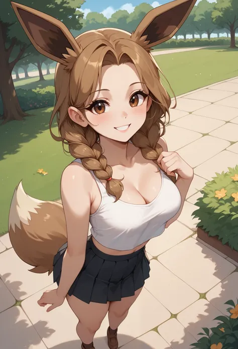 (Masterpiece) (High Detail) (High Res) A full body shot of A very short, cute and petite Human female with pale human skin and brown eyes and long brown braided hair and fluffy brown pointed Eevee ears and a long fluffy brown Eevee tail with a light tip an...