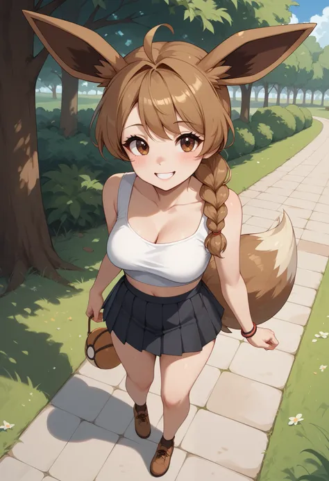 (Masterpiece) (High Detail) (High Res) A full body shot of A very short, cute and petite Human female with pale human skin and brown eyes and long brown braided hair and fluffy brown pointed Eevee ears and a long fluffy brown Eevee tail with a light tip an...