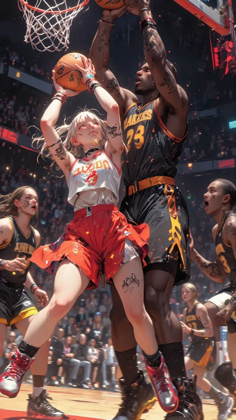 Beautiful warrior girl who is very active in the NBA, TV anime,
((NSFW)),
PosingDynamicsDaal,
Motion blur,
1girl, 3guys,
Dynamic composition,
Looking up from below,
A large girl in the foreground,
A tall black player from the opposing team in the backgro...
