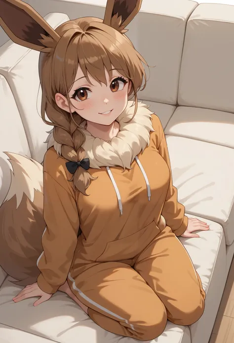 (Masterpiece) (High Detail) (High Res) A full body shot of A very short, cute and petite Human female with pale human skin and brown eyes and long brown braided hair and fluffy brown pointed Eevee ears and a long fluffy brown Eevee tail with a light tip an...