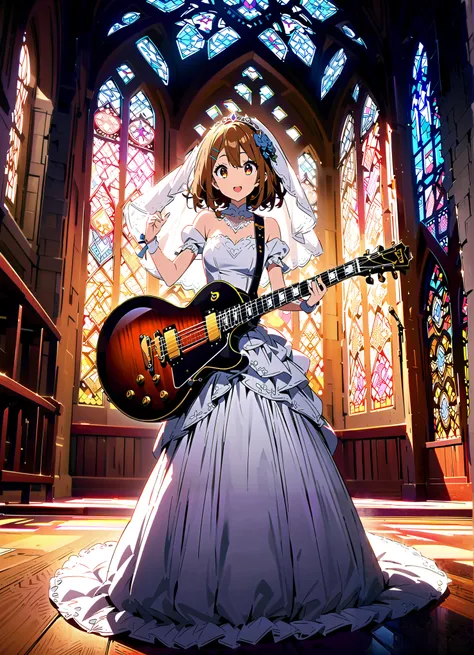 score_9, score_8_up, score_7_up, source_anime,
Plane, Plane, brown eyes, brown hair, hair ornament, hair clips,  medium hair,Veil,wedding dress,wedding long skirt,guitar( Gibson Les Paul) , Instrument playing, Stage Performance ,Sing in front of the microp...