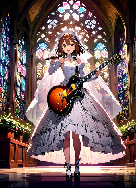 score_9, score_8_up, score_7_up, source_anime,
Plane, Plane, brown eyes, brown hair, hair ornament, hair clips,  medium hair,Veil,wedding dress,wedding long skirt,guitar( Gibson Les Paul) , Instrument playing, Stage Performance ,Sing in front of the microp...