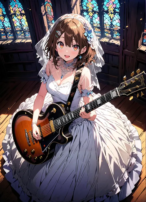 score_9, score_8_up, score_7_up, source_anime,
Plane, Plane, brown eyes, brown hair, hair ornament, hair clips,  medium hair,Veil,wedding dress,wedding long skirt,guitar( Gibson Les Paul) , Instrument playing, Stage Performance ,Sing in front of the microp...