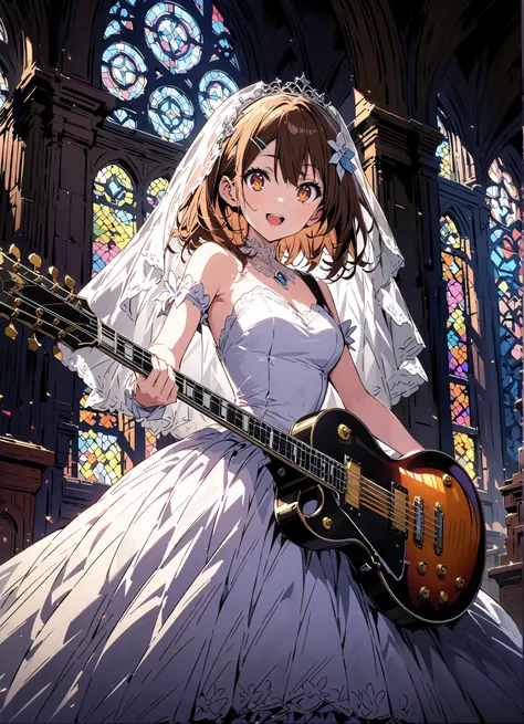 score_9, score_8_up, score_7_up, source_anime,
Plane, Plane, brown eyes, brown hair, hair ornament, hair clips,  medium hair,Veil,wedding dress,wedding long skirt,guitar( Gibson Les Paul) , Instrument playing, Stage Performance ,Sing in front of the microp...