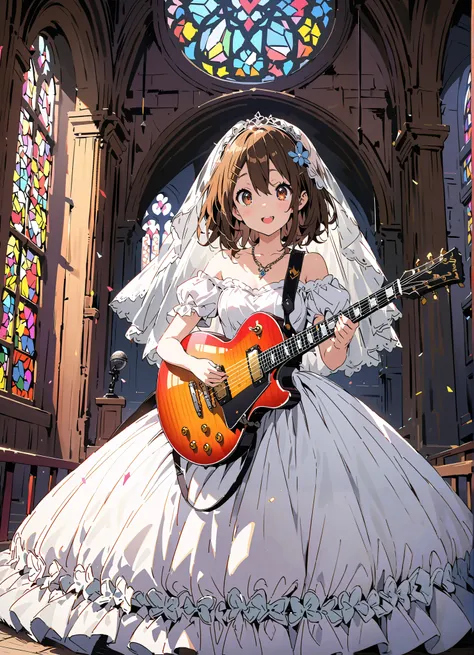 score_9, score_8_up, score_7_up, source_anime,
Plane, Plane, brown eyes, brown hair, hair ornament, hair clips,  medium hair,Veil,necklace,Off Shoulder Wedding Dress,wedding long skirt,guitar( Gibson Les Paul) , Instrument playing, Stage Performance ,Sing ...