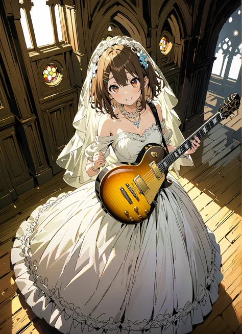 score_9, score_8_up, score_7_up, source_anime,
Plane, Plane, brown eyes, brown hair, hair ornament, hair clips,  medium hair,Veil,necklace,Off Shoulder Wedding Dress,wedding long skirt,guitar( Gibson Les Paul) , Instrument playing, Stage Performance ,Sing ...
