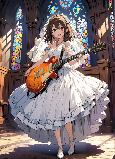 score_9, score_8_up, score_7_up, source_anime,
Plane, Plane, brown eyes, brown hair, hair ornament, hair clips,  medium hair,Veil,necklace,Off Shoulder Wedding Dress,wedding long skirt,guitar( Gibson Les Paul) , Instrument playing, Stage Performance ,Sing ...