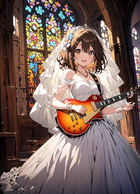 score_9, score_8_up, score_7_up, source_anime,
Plane, Plane, brown eyes, brown hair, hair ornament, hair clips,  medium hair,Veil,necklace,Off Shoulder Wedding Dress,wedding long skirt,guitar( Gibson Les Paul) , Instrument playing, Stage Performance ,Sing ...