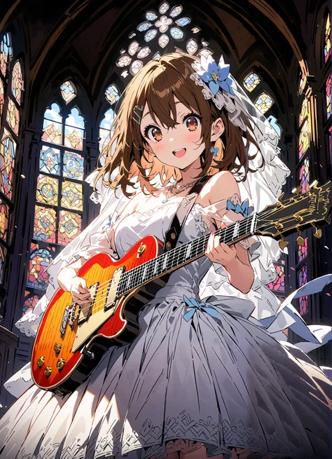 score_9, score_8_up, score_7_up, source_anime,
Plane, Plane, brown eyes, brown hair, hair ornament, hair clips,  medium hair,Veil,necklace,Off Shoulder Wedding Dress,guitar( Gibson Les Paul) , Instrument playing, Stage Performance ,Sing in front of the mic...