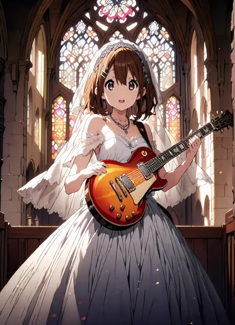 Plane, Plane, brown eyes, brown hair, hair ornament, hair clips, medium hair,Veil,necklace,Off Shoulder Wedding Dress,wedding long skirt,guitar( Gibson Les Paul) , Instrument playing, Stage Performance ,Sing in front of the microphone, Play in front of th...