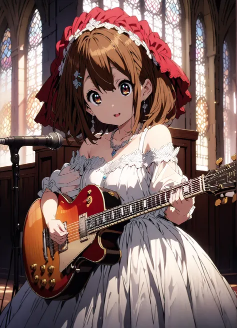 Plane, Plane, brown eyes, brown hair, hair ornament, hair clips, medium hair,Veil,necklace,Off Shoulder Wedding Dress,wedding long skirt,guitar( Gibson Les Paul) , Instrument playing, Stage Performance ,Sing in front of the microphone, Play in front of th...
