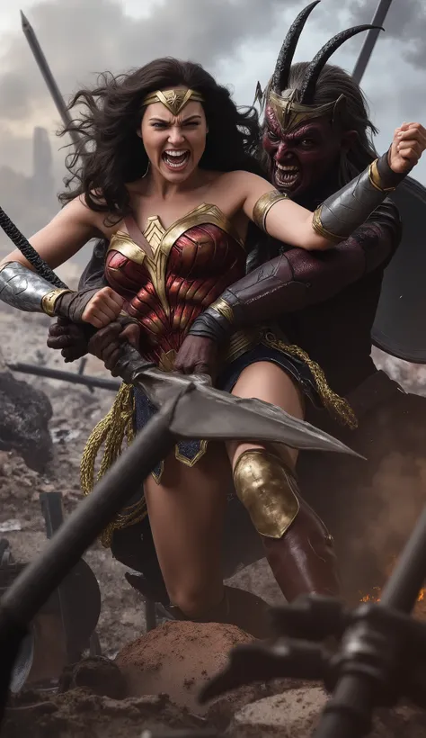 Wonder woman is sexual assault by a devil god in a myth war, she is screaming in pain,