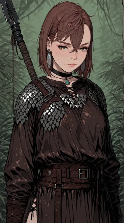 Score_9, score_8_up, score_8, score_7_up, expressiveh, rating_explicit, source_cartoon, Sinozick_illu,gradient,spot color, momo ayase (dandadan), brown hair, short hair, hair between eyes, asymmetrical bangs, brown eyes, earrings, black choker, (dressed li...