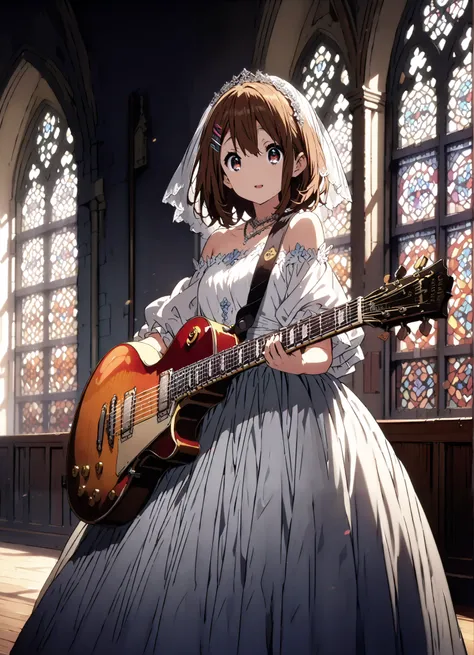 Plane, Plane, brown eyes, brown hair, hair ornament, hair clips, medium hair,Veil,necklace,Off Shoulder Wedding Dress,wedding long skirt,guitar( Gibson Les Paul) , Instrument playing, Stage Performance ,Sing in front of the microphone, Play in front of th...