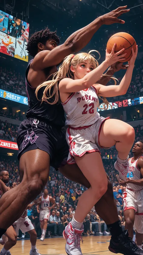 A magical girl who plays an active role in the NBA, TV anime,
((NSFW)),
PosingDynamicsDaal,
Motion blur,
1girl, 3guys,
Dynamic composition,
Looking up from below,
A large girl in the foreground,
A tall black player from the opposing team in the backgroun...