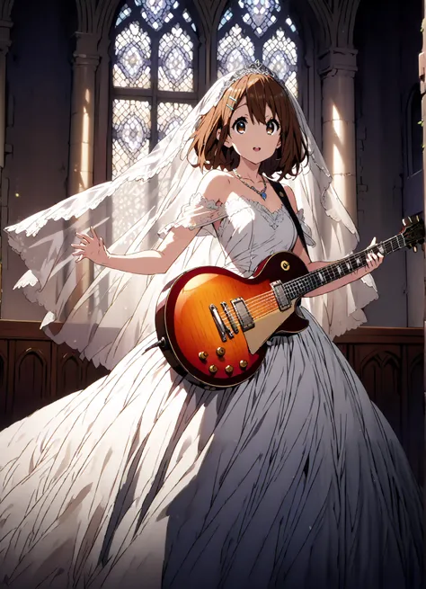 Plane, Plane, brown eyes, brown hair, hair ornament, hair clips, medium hair,Veil,necklace,Off Shoulder Wedding Dress,wedding long skirt,guitar( Gibson Les Paul) , Instrument playing, Stage Performance ,Sing in front of the microphone, Play in front of th...