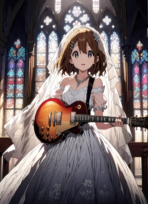 Plane, Plane, brown eyes, brown hair, hair ornament, hair clips, medium hair,Veil,necklace,Off Shoulder Wedding Dress,wedding long skirt,guitar( Gibson Les Paul) , Instrument playing, Stage Performance ,Sing in front of the microphone, Play in front of th...