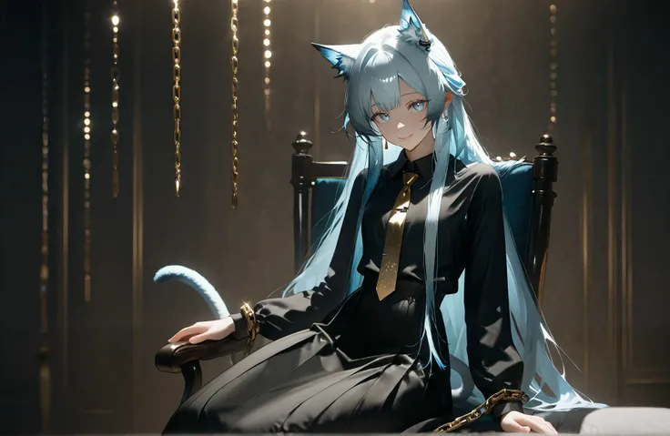 ((Alone)),((alone)),,1female,sitting on a chair,((The entrance to the skyscraper))),Beautiful light,,(face focus:1.5),((((black shirt,Gold tie,,,black long skirt,chain accessory)))),Stylish pose。,(( model pose)),,,((smile)),((rosmontis)),((rosmontis_\(arkn...