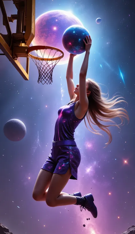 Anime/3D style, cinematic lighting, vibrant colors. A celestial girl with galaxy-like skin shimmering with stars and nebulae patterns, wearing a futuristic basketball jersey (purple and blue cosmic hues) and shorts, dynamic pose mid-dunk. She slams a detai...