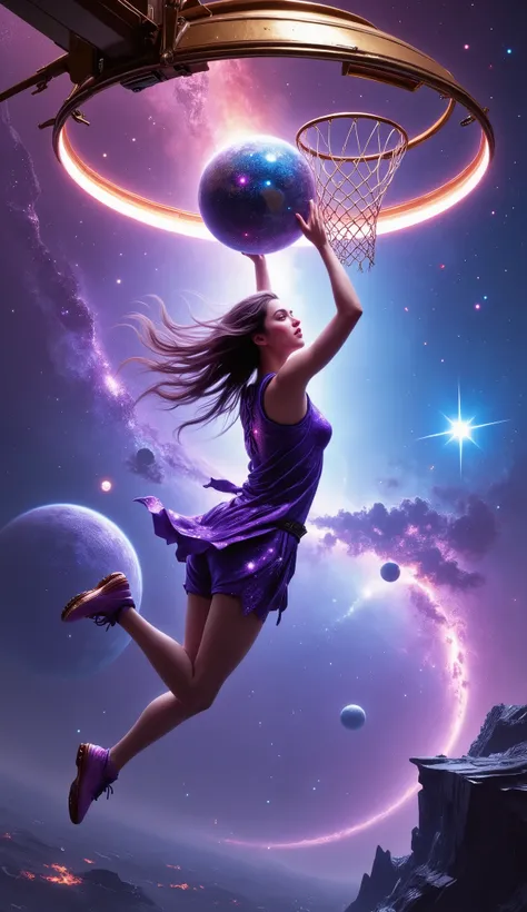 Anime/3D style, cinematic lighting, vibrant colors. A celestial girl with galaxy-like skin shimmering with stars and nebulae patterns, wearing a futuristic basketball jersey (purple and blue cosmic hues) and shorts, dynamic pose mid-dunk. She slams a detai...