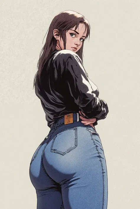 high quality, perfect lighting , cara detallada, detailed body, a girl, Alone , ( skinny jeans), standing , Also, ((Also)) round shape :1.2, big breast, thick thighs, wide hips , narrow waist , Desde atrás