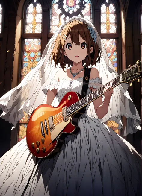 Plane, Plane, brown eyes, brown hair, hair ornament, hair clips, medium hair,Veil,necklace,Off Shoulder Wedding Dress,wedding long skirt,guitar( Gibson Les Paul) , Instrument playing, Stage Performance ,Sing in front of the microphone, Play in front of th...
