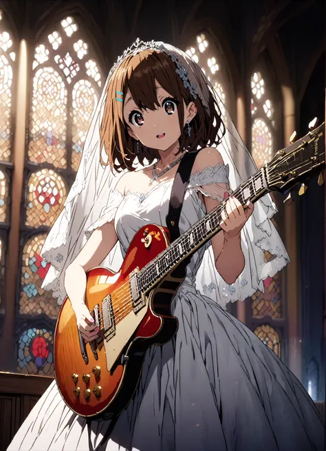 Plane, Plane, brown eyes, brown hair, hair ornament, hair clips, medium hair,Veil,necklace,Off Shoulder Wedding Dress,wedding long skirt,guitar( Gibson Les Paul) , Instrument playing, Stage Performance ,Sing in front of the microphone, Play in front of th...