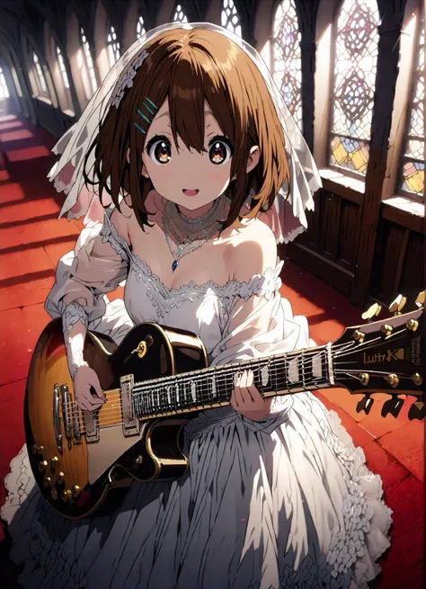 Plane, Plane, brown eyes, brown hair, hair ornament, hair clips, medium hair,Veil,necklace,Off Shoulder Wedding Dress,wedding long skirt,guitar( Gibson Les Paul) , Instrument playing, Stage Performance ,Sing in front of the microphone, Play in front of th...