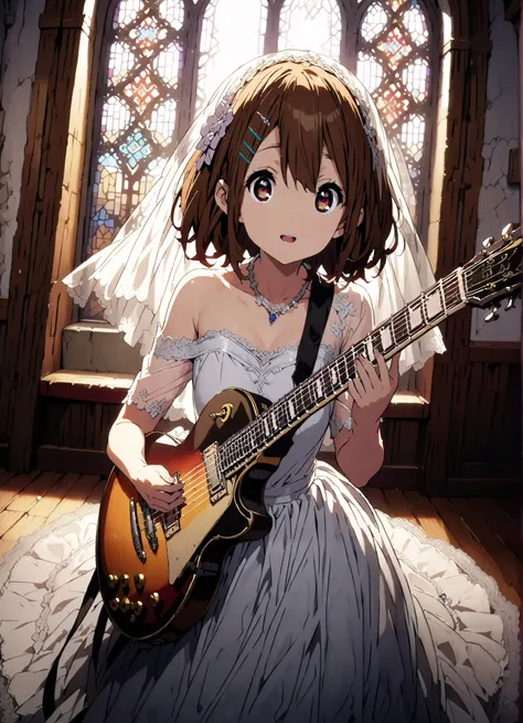 Plane, Plane, brown eyes, brown hair, hair ornament, hair clips, medium hair,Veil,necklace,Off Shoulder Wedding Dress,wedding long skirt,guitar( Gibson Les Paul) , Instrument playing, Stage Performance ,Sing in front of the microphone, Play in front of th...