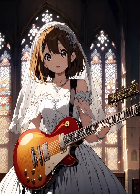 Plane, Plane, brown eyes, brown hair, hair ornament, hair clips, medium hair,Veil,necklace,Off Shoulder Wedding Dress,wedding long skirt,guitar( Gibson Les Paul) , Instrument playing, Stage Performance ,Sing in front of the microphone, Play in front of th...