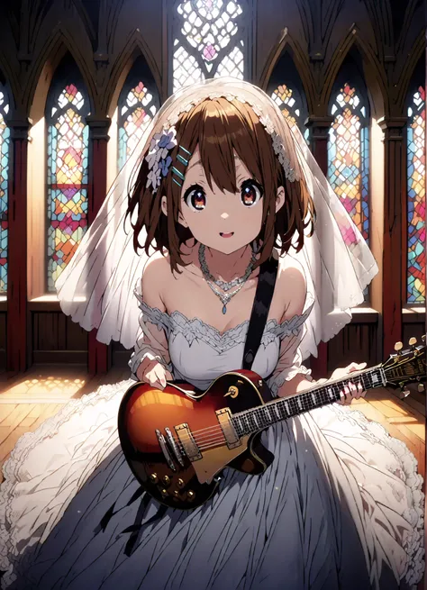 Plane, Plane, brown eyes, brown hair, hair ornament, hair clips, medium hair,Veil,necklace,Off Shoulder Wedding Dress,wedding long skirt,guitar( Gibson Les Paul) , Instrument playing, Stage Performance ,Sing in front of the microphone, Play in front of th...