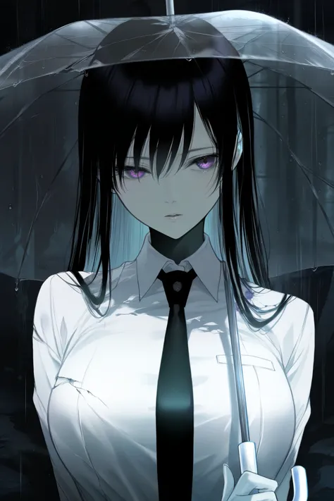 masterpiece, best quality, amazing quality, newest, very aesthetic, 1girl,Image is a digital illustration featuring an anime-style character. The character is a young woman with long black hair and pale skin, wearing a white outfit with a black tie. She ho...