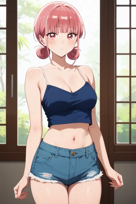 masterpiece,best quality,{{detailed beautiful face and eyes}}, very detailed background,
Hina Chouno,short hair,pink hair,double hair bun,bangs,blunt bangs,sidelocks,pink eyes,medium breasts,
camisole, bare shoulders, cleavage, crop top, cutoffs, denim sho...