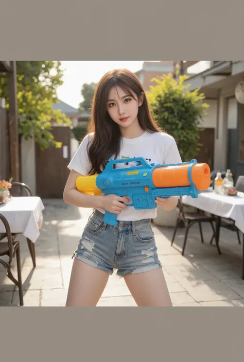 A girl in a white t-shirt is holding a toy water gun