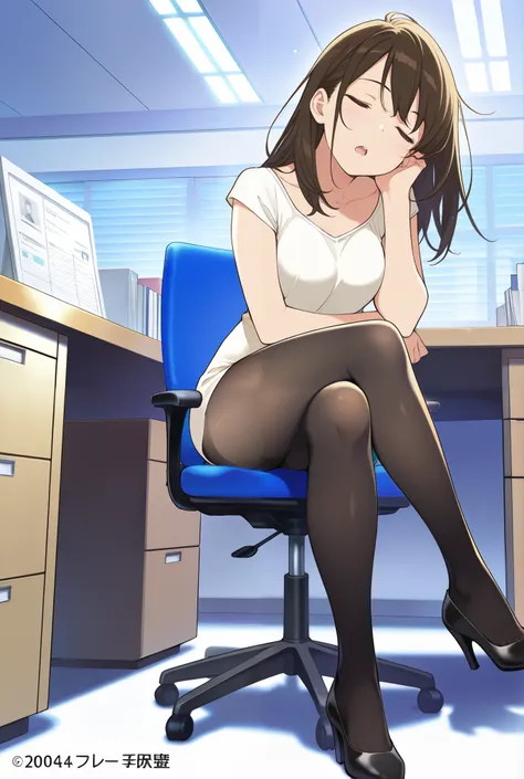 masterpiece, best quality, 1girl, {sleeping:3.0}, {tights:4.0}, {closed eyes:3.0}, black legwear, open mouth,official art, head tilt, high heels, official art, anime, office, sitting, crossed legs