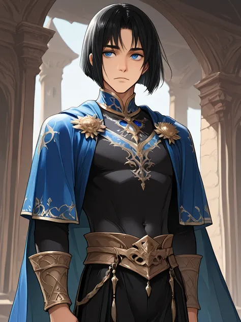 masterpiece, 1 male, 20 years old, fantasy, neutral, looking at the front, Thin waist, cowboy shot, black hair, short bob, Rin々like, 美like, Blue Eyes, Royal clothing
