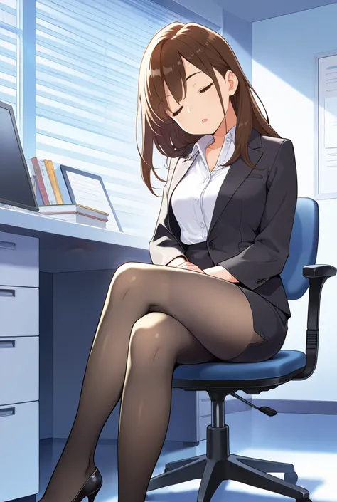 masterpiece, best quality, 1girl, {sleeping:3.0}, {tights:4.0}, {closed eyes:3.0}, long hair, brown hair, pencil skirt, dress shirt, black legwear, open mouth,official art, head tilt, high heels, official art, anime, office, sitting, crossed legs, dark leg...