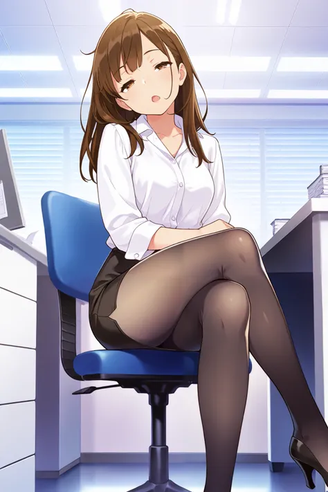 masterpiece, best quality, 1girl, {sleepy:3.0}, {tights:4.0}, {crossed eyes:0.1}, long hair, brown hair, pencil skirt, dress shirt, black legwear, open mouth,official art, head tilt, high heels, official art, anime, office, sitting, crossed legs, dark legw...