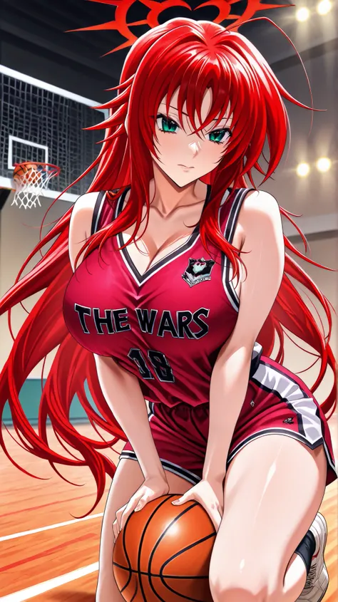 Rias Grimory, High School DxD style, She wears basketball clothes, jumps on me to put the ball in the basketball net professionally, a jump that shows the beauty and agility of her body, the caliph is a basketball court, the lights of the court, a red halo...