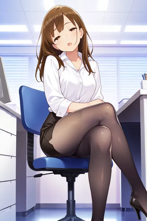 masterpiece, best quality, 1girl, {sleepy:3.0}, {tights:4.0}, {crossed eyes:0.1}, long hair, brown hair, pencil skirt, dress shirt, black legwear, open mouth,official art, head tilt, high heels, official art, anime, office, sitting, crossed legs, dark legw...